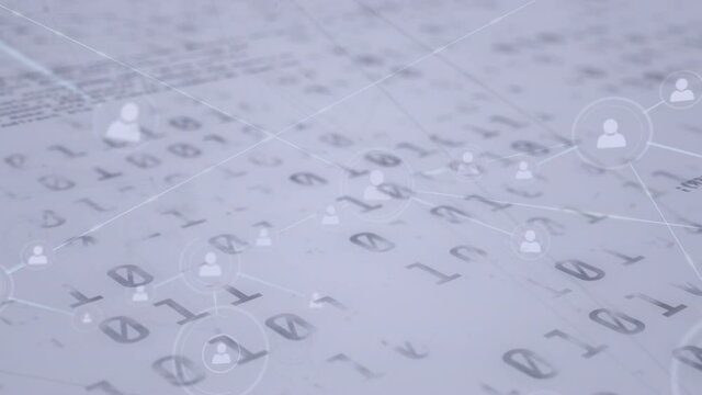 Network of profile icons against binary coding data processing on on white background