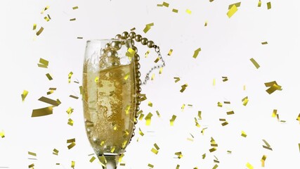 Animation of confetti falling and pearl necklace in champagne glass - Powered by Adobe