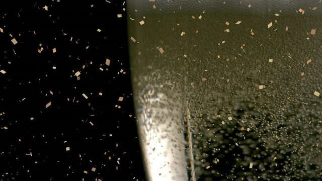 Animation of confetti falling and bubbles rising in glass of champagne on black background