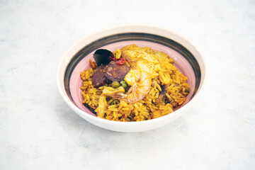 Prawn with rice - close up of prawn with rice - traditional Spanish food paella