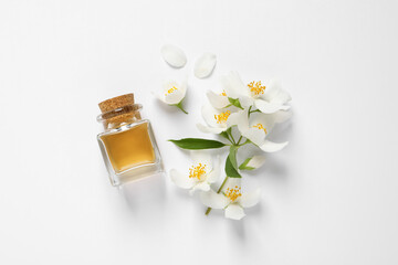 Obraz na płótnie Canvas Jasmine essential and fresh flowers on white background, top view