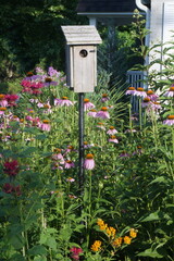 Rustic Wooden Birdhouse in Garden with Pink and Yellow Flowers