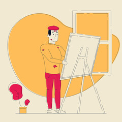 Man painter drawing a picture in a small room (flat style)