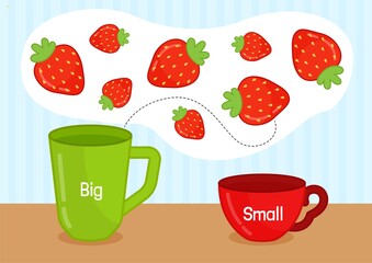 Matching children educational game. Activity for pre sсhool years kids and toddlers. Arrange the berries in mugs by size.