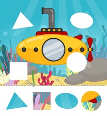 Education paper game for preshool children. Cut out the parts and glue in the right place. Illustration of submarine at sea.
