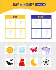 Matching children educational game. Match pictures according to day and night. Activity for pre sсhool years kids and toddlers.
