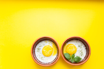 Cooking eggs in a frying pan. Time Lapse. Top view.