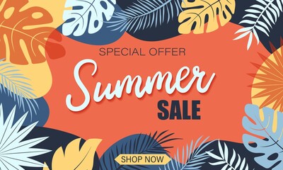 Summer rectangular background with tropical leaves for sale banner, poster, fashion ads. Vector illustration