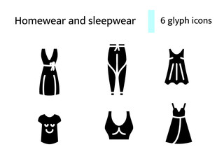 Comfy clothes glyph icons set. Homewear and sleepwear. Sports bra, pants. Isolated vector stock illustration
