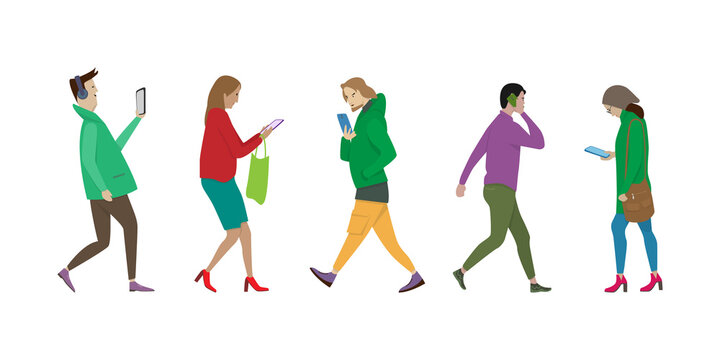 Isolated people walking side view. People use their phones differently while walking. Set of vector images of passersby pedestrians.