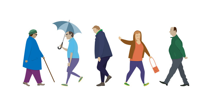 Isolated elderly people walking side view. Cartoon people in different poses while walking. Set of vector images of passersby pedestrians.