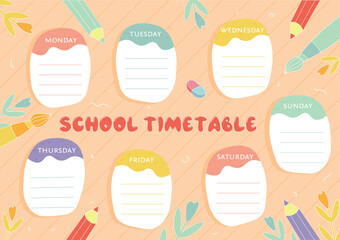 School timetable, weekly classes schedule in cartoon style. Vector school timetable sketch schedule, education supplies, tools and student study timetable. Planner template. Ready to print.