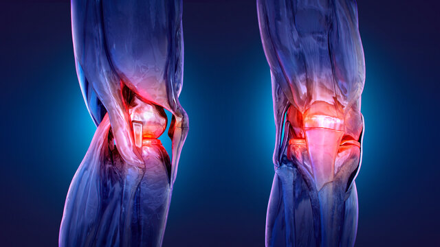 Painful knee, joint pain, arthritis, osteoarthritis. Meniscus, kneecap, tendons, bones, ligaments skeleton x-ray 3D medical anatomy illustration. Workout injury, knee replacement, arthroplasty concept