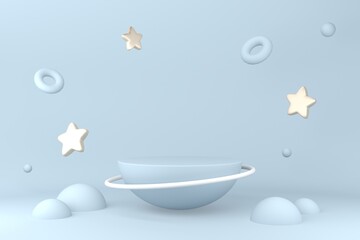 Blue pedestal or podium on pastel blue background for product demonstration.  3D rendering.