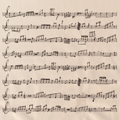 Vintage dirty scrap- booking paper. Musical background. NON music text. Decorative grunge