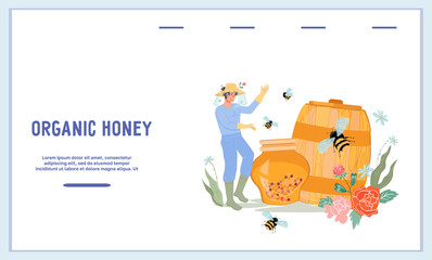 Organic honey website mockup with apiarist male character. Web banner interface for beekeeping and honey products sales, flat vector illustration.