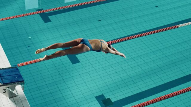 Beautiful Female Swimmer Diving in Swimming Pool. Professional Athlete Determined to Win Championship, Front Crawl, Freestyle. Cinematic Slow Motion Shot with Stylish Colors, Artistic High Angle