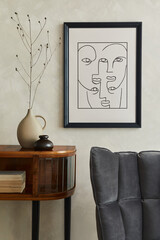 Stylish composition of creative living room interior with mock up poster frame, wooden commode,...
