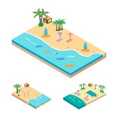 2.5D Sandy beach landscape concept vector illustration collection. Sandy beach vector with swimming pool concept and coconut tree. Seashore 2.5D art with a lifebuoy and sunbathe.