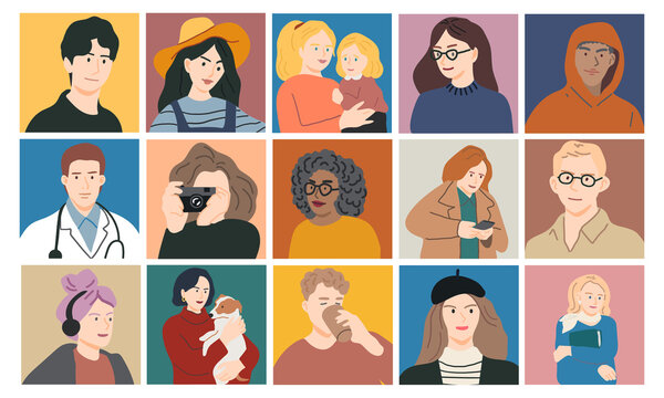 Collection of different person portraits. Set of different multicultural people avatars, user portraits. Vector illustration in flat cartoon style. All elements are isolated on white background.