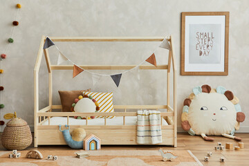 Creative composition of cozy scandinavian child's room interior with wooden bed, pillows, plush and...