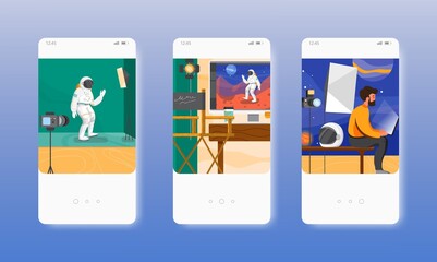 Chroma key film studio. Green screen technology. Mobile app screens, vector website banner template. UI, web site design