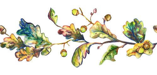 Seamless border. Decorative oak leaves isolated on white background. Hand painting band ornament