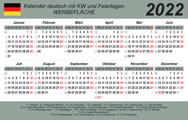 Kalender 2022 - weiß - grau - deutsch - mit Feiertagen (85 x 54 mm)