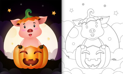coloring book with a cute pig in the halloween pumpkin