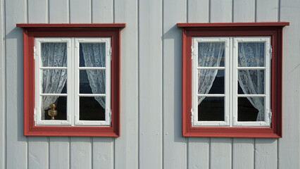window with embroidered curtains, Akureyri, Iceland