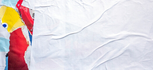 Old white grunge ripped torn collage posters creased crumpled paper placard texture background with copy space for text or image