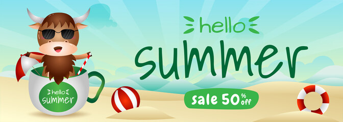summer sale banner with a cute buffalo in the cup
