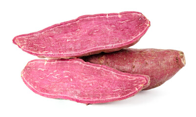 Purple sweet potato and half purple sweet potato on white background