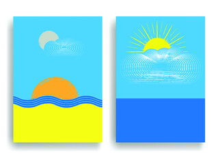 Fototapeta na wymiar Minimal logo design .Sun, moon, waves , sand beach and cumulus clouds . Vector aesthetic background