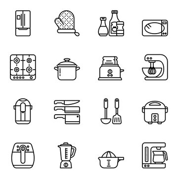 Kitchen and cooking icons set 2 with white background. Thin Line Style stroke vector.