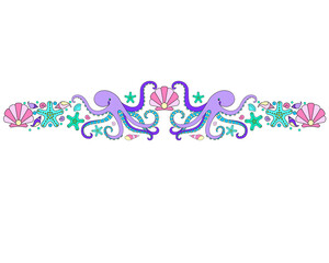 Marine divider, border, octopus, starfish, shells, bulbs, pearls - vector full color symmetrical horizontal divider on the ocean theme. Marine nature