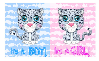 Cartoon snow leopard with expressive eyes among flowers, hearts, decorative elements. Wild animals, character, childish cute style.