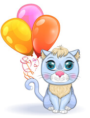 Cute cartoon pink cat, a kitten on a background of flowers holds balls with its tail.