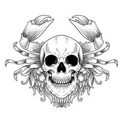 Obraz premium tattoo and t shirt design skull crab line art black and white engraving style isolated artwork
