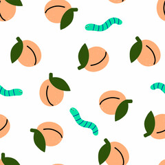 Cute cartoon fruite pattern witn apricot and worm.Funny childish design for for fabrics or wallpapers.