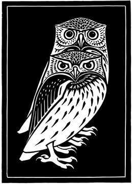 Pair of stylized Owls. Graphic design, woodcut style. Ex libris. 