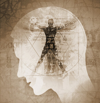 
 Male head with Vitruvian man, concept for technology and science.
 Illustration of stylized young man head in profile and vitruvian man with a binary codes.