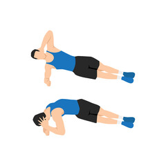Man doing Side plank rotation exercise. Flat vector illustration isolated on white background - obrazy, fototapety, plakaty