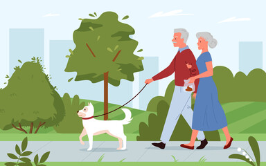 Clean up after your dog concept, people walking with pet vector illustration. Cartoon man woman characters walk with dog in summer city green park, holding bag, cleaning poop after puppy background