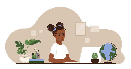School distance learning concept. African American schoolgirl studies at the table with laptop and books at home. Flat vector illustration