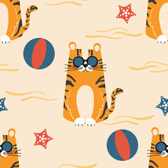 Seamless summer sea pattern cute character tiger in sunglasses on the beach. Cartoon vector illustration