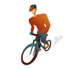 A young guy in a helmet rides a bicycle on a white background. A man on a bike in equipment is walking alone. The concept of driving around the city.