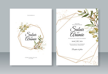 Geometric border and watercolor leaf painting for wedding invitation card template