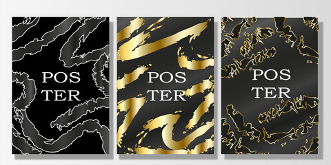 Black design with gold poster. Metallic background. A4 poster. Background for brochure.