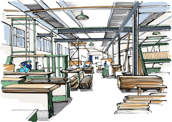 Interior view of a carpenter's workshop - hand drawn sketch